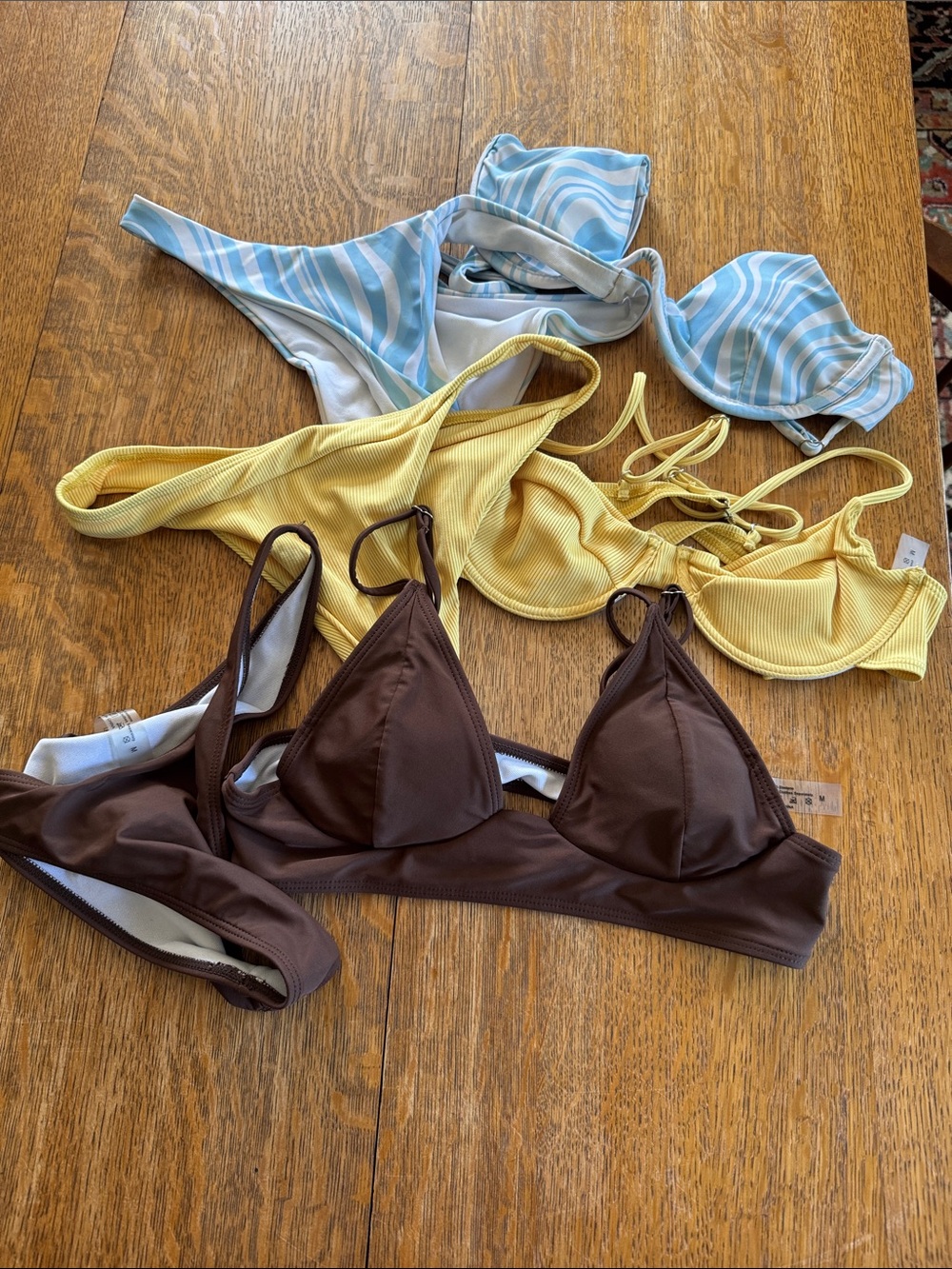 SHEIN 3-Piece Bikini Set in Brown, Yellow & Light Blue Stripe